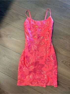 Crystal Doll Hot Pink Sequin Floral Slip Dress